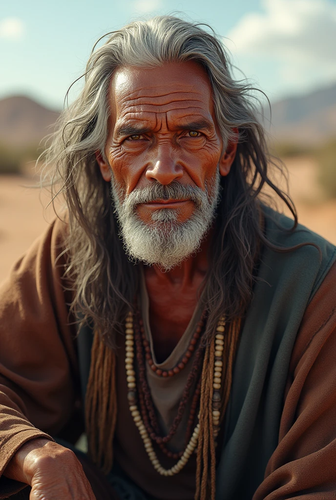 (photorealism:1.2), old native american man, don Juan Matus, Yaqui, in the desert, long gray hair, shaved face, glowing aura, relaxed pose, realistic, intricate details