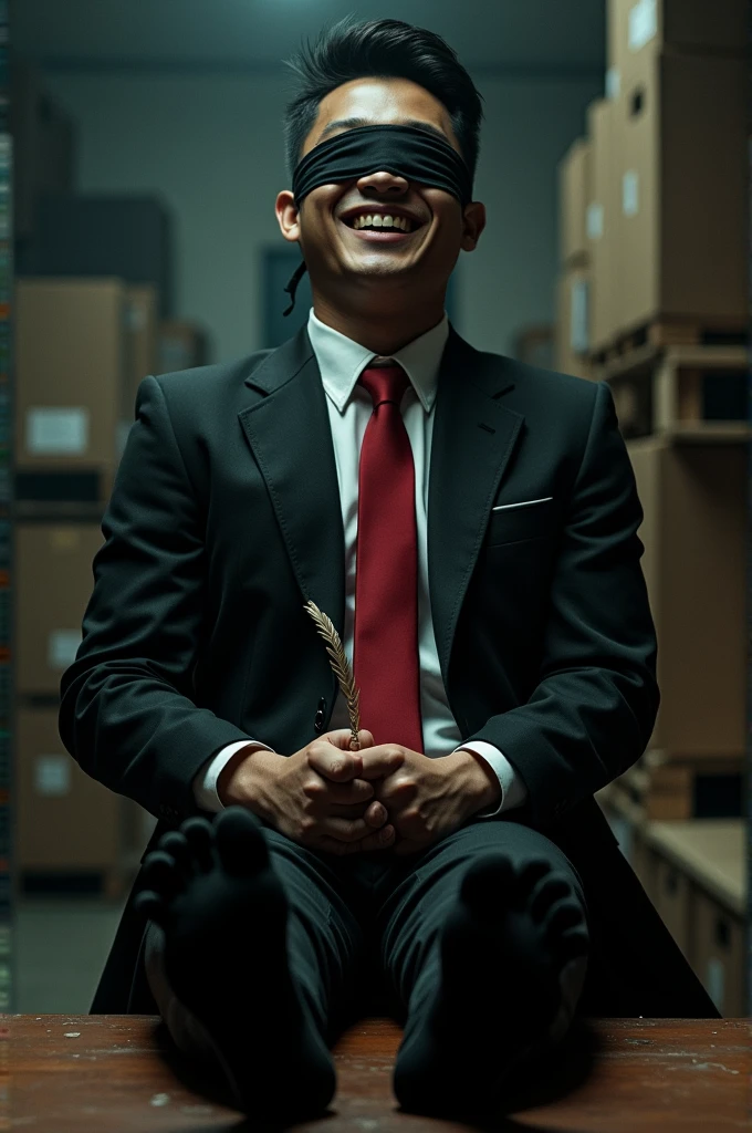 Malaysia malay handsome 21 years celebrity
His hand tied up in warehouse
Blindfolded
Black Suit and Red tie
feet on desk
feather
shoes on desk
5 toes each feet
Black sock
Smock effect smelly sock
2 man holding feather tickle his feet
He laugh very hard