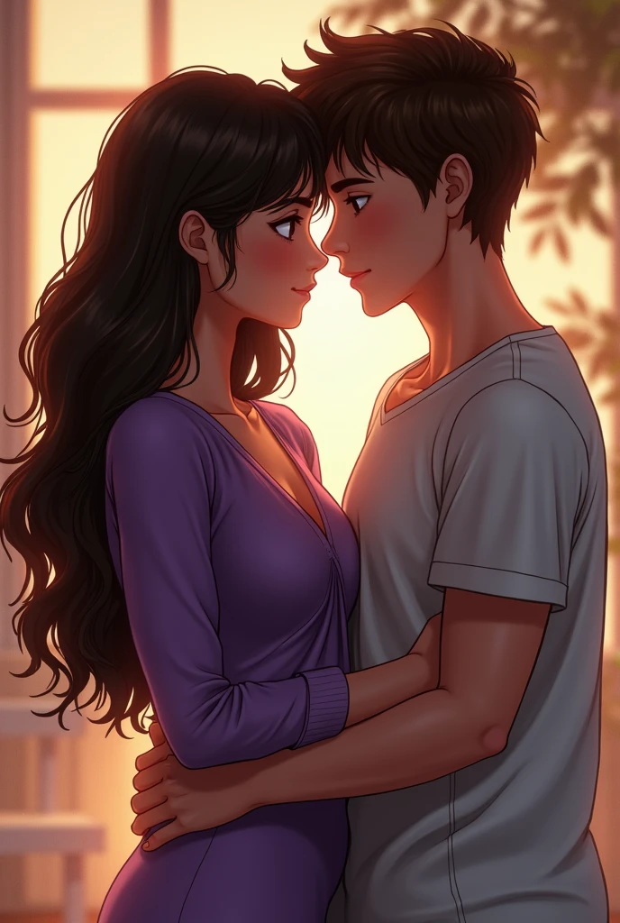 A long wavy hair brunette girl with black eyes latina wearing modern long sleeve purple dress and a brown hair brown eyed white teen holding the girl by the waist looking at each other apart