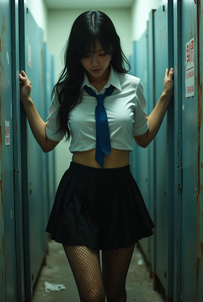 A shabby and worn-out public restroom).Korean woman.korean beauty.Korean model.South Korean girl groups. She is wearing a tight white school uniform shirt, a blue tie, a black skirt, a short tight school uniform skirt, and black fishnet stockings that reach her thighs..
(Big hearted).(full body shot).(front shot).realistic.G-cup chest.
The pelvis is a supermodel. The shirt button is undone, revealing a black bra..(A middle-aged man is seen behind her, grabbing her by the arms and dragging her into the toilet stall.).A high school girl's panties are hanging between her legs..