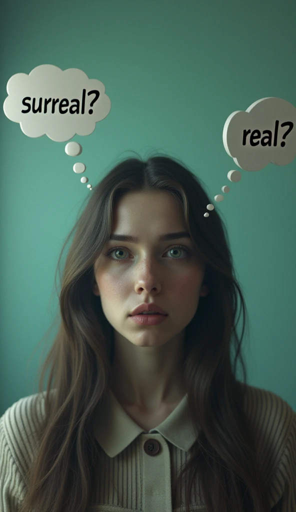 Super realistic, Cinema 4D rendering, 1 girl, Shrug gesture, Two Speech bubbles of inner thoughts, The word "Surreal?" in Left speech bubble of inner thought. The word "Real?" in Right speech bubble of inner thought. looking at the viewer with a resigned expression. background is the words "Today's Challenge Theme:Surreal Scene" in SeaArt Official Screen frame. The bottom of screen "Too Hard Theme for me..."