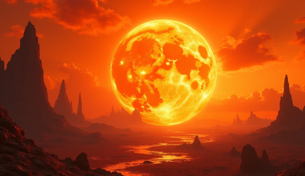 a surreal scene on the sun, a giant fiery orb in the sky, scorching hot landscape, floating rock formations, mysterious glowing structures, alien technology, bright orange sky, dynamic lighting, vibrant colors, cinematic composition, highly detailed, photorealistic, 8k, hyperrealistic, dramatic shadows, volumetric lighting, intricate details, stunning visuals, mind-bending perspective, imaginative world, futuristic atmosphere, sense of wonder, digital art, concept art style
