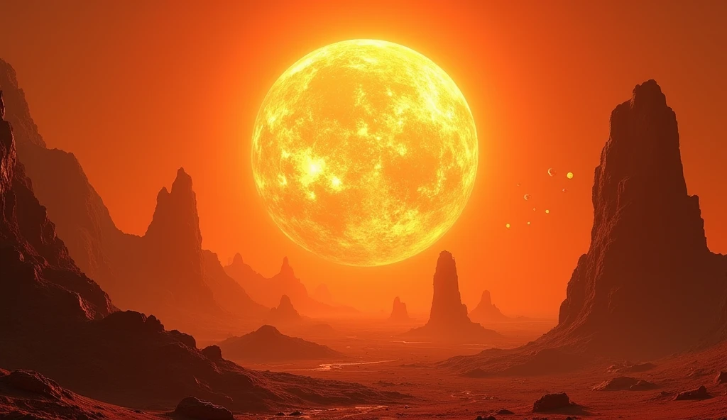 a surreal scene on the sun, a giant fiery orb in the sky, scorching hot landscape, floating rock formations, mysterious glowing structures, alien technology, bright orange sky, dynamic lighting, vibrant colors, cinematic composition, highly detailed, photorealistic, 8k, hyperrealistic, dramatic shadows, volumetric lighting, intricate details, stunning visuals, mind-bending perspective, imaginative world, futuristic atmosphere, sense of wonder, digital art, concept art style