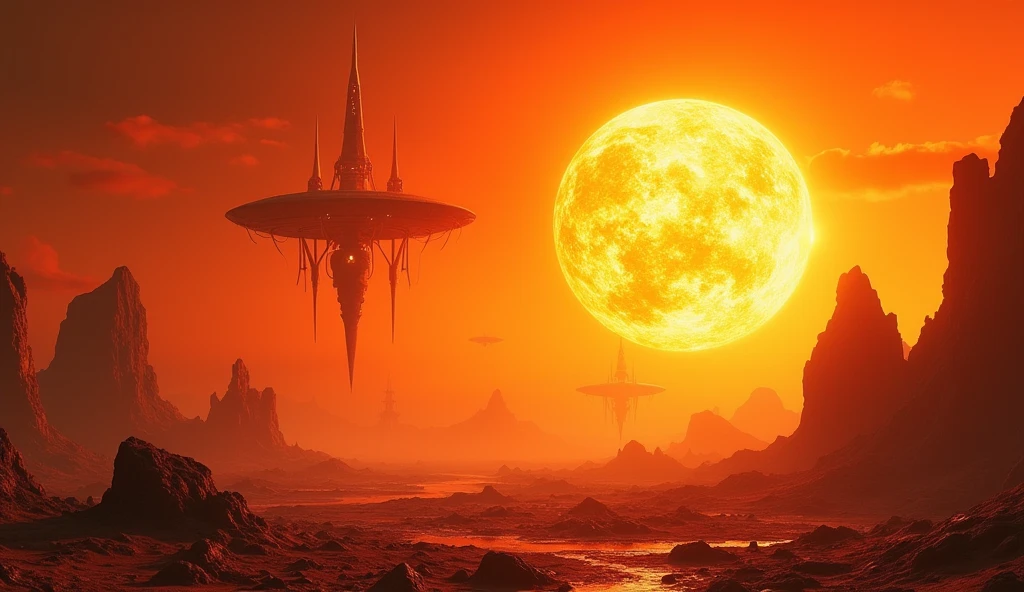 a surreal scene on the sun, a giant fiery orb in the sky, scorching hot landscape, floating rock formations, mysterious glowing structures, alien technology, bright orange sky, dynamic lighting, vibrant colors, cinematic composition, highly detailed, photorealistic, 8k, hyperrealistic, dramatic shadows, volumetric lighting, intricate details, stunning visuals, mind-bending perspective, imaginative world, futuristic atmosphere, sense of wonder, digital art, concept art style