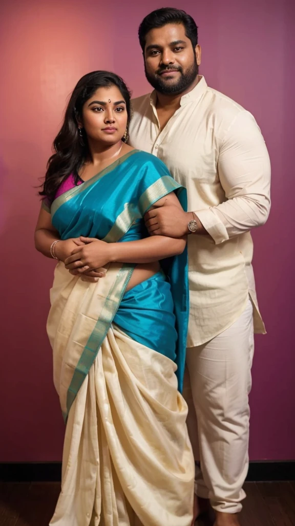 a  50-year-old shirtless man  affectionately hugging and kissing aradiant, full-figured South Indian plus-sized 30 year old teacher wearing a cream silky saree in  dressing room, captured in a full-body image with vibrant hues and meticulous details. Full body image