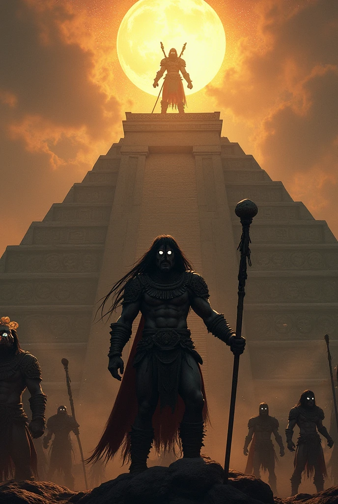 Aztec warriors hybridized with alien features offering sacrifice to the gods at the top of a pyramid for the deities that shine more than the sun with long hair white eyes and muscle mass greater than that of human beings in their hands they carry what appear to be advanced weapons but made of meteorite stones
