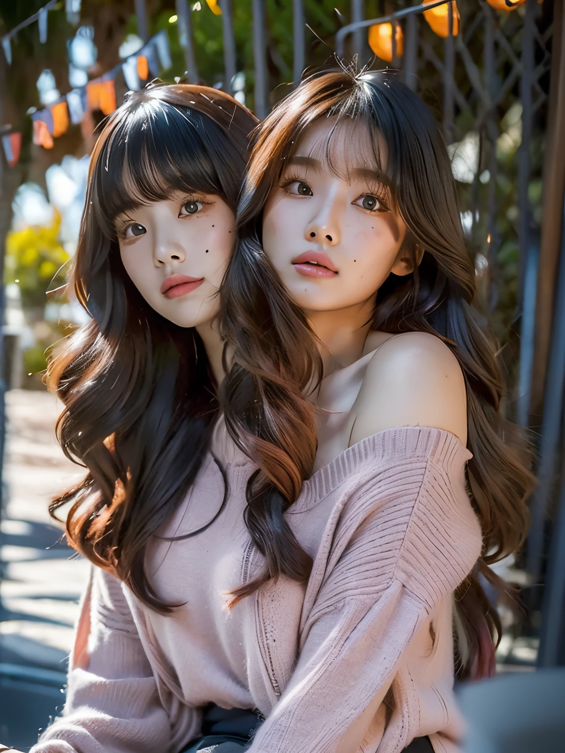 (Two Heads), korean woman with long black hair and pink sweater posing for a picture, lisa black link, , headshot profile picture, park in the fall backdrop, no makeup wavy hair, black hair with dyed pink hair, black hair with bangs, glowy, inspired by Ion Andreescu, center parted curtain bangs, curtain bangs, sexy face, cute freckles, small freckles, sexy face with full makeup, detailed flawless face, conjoined