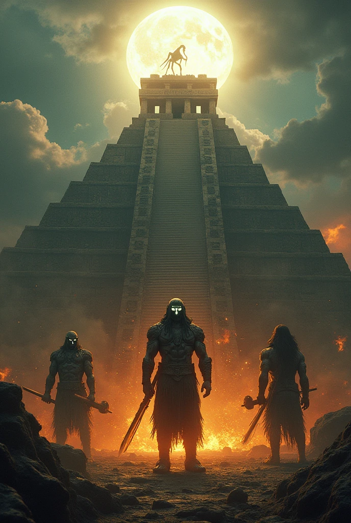 Aztec warriors hybridized with alien features offering sacrifice to the gods at the top of a pyramid for the deities that shine more than the sun with long hair white eyes and muscle mass greater than that of human beings in their hands they carry what appear to be advanced weapons but made of meteorite stones