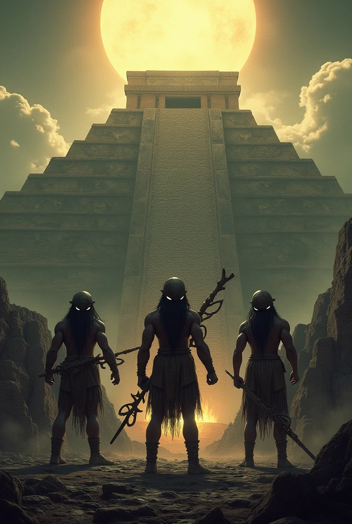 Aztec warriors hybridized with alien features offering sacrifice to the gods at the top of a pyramid for the deities that shine more than the sun with long hair white eyes and muscle mass greater than that of human beings in their hands they carry what appear to be advanced weapons but made of meteorite stones 