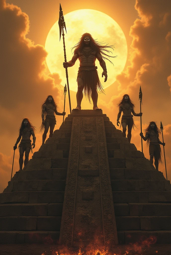 Aztec warriors hybridized with alien features offering sacrifice to the gods at the top of a pyramid for the deities that shine more than the sun with long hair white eyes and muscle mass greater than that of human beings in their hands they carry what appear to be advanced weapons but made of meteorite stones 