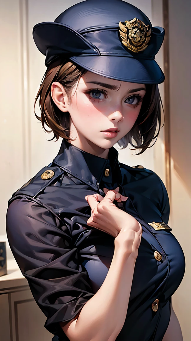 、nude、naked、、masterpiece、8k、Realistic、超High resolution、Very delicate and beautiful、High resolution、Cinema Lighting、medium range shooting、Portraiture、Perfect female body、Beautiful woman、Mature Woman、(Short Bob:1.8、Brown Hair)、((Female police officer:1.4、limited cap、