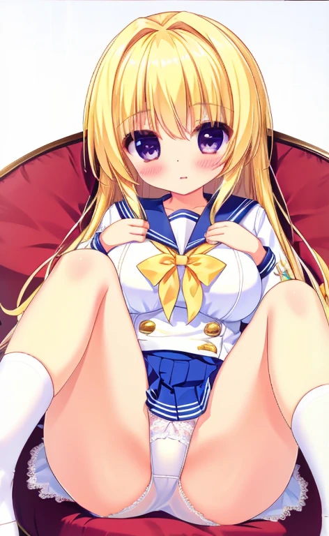 Beautiful long blonde Girl in a sailor suit Pleated skirt mini skirt Long sleeve Small breasts Panties with lace Sit with your knees up Touch your crotch with one hand