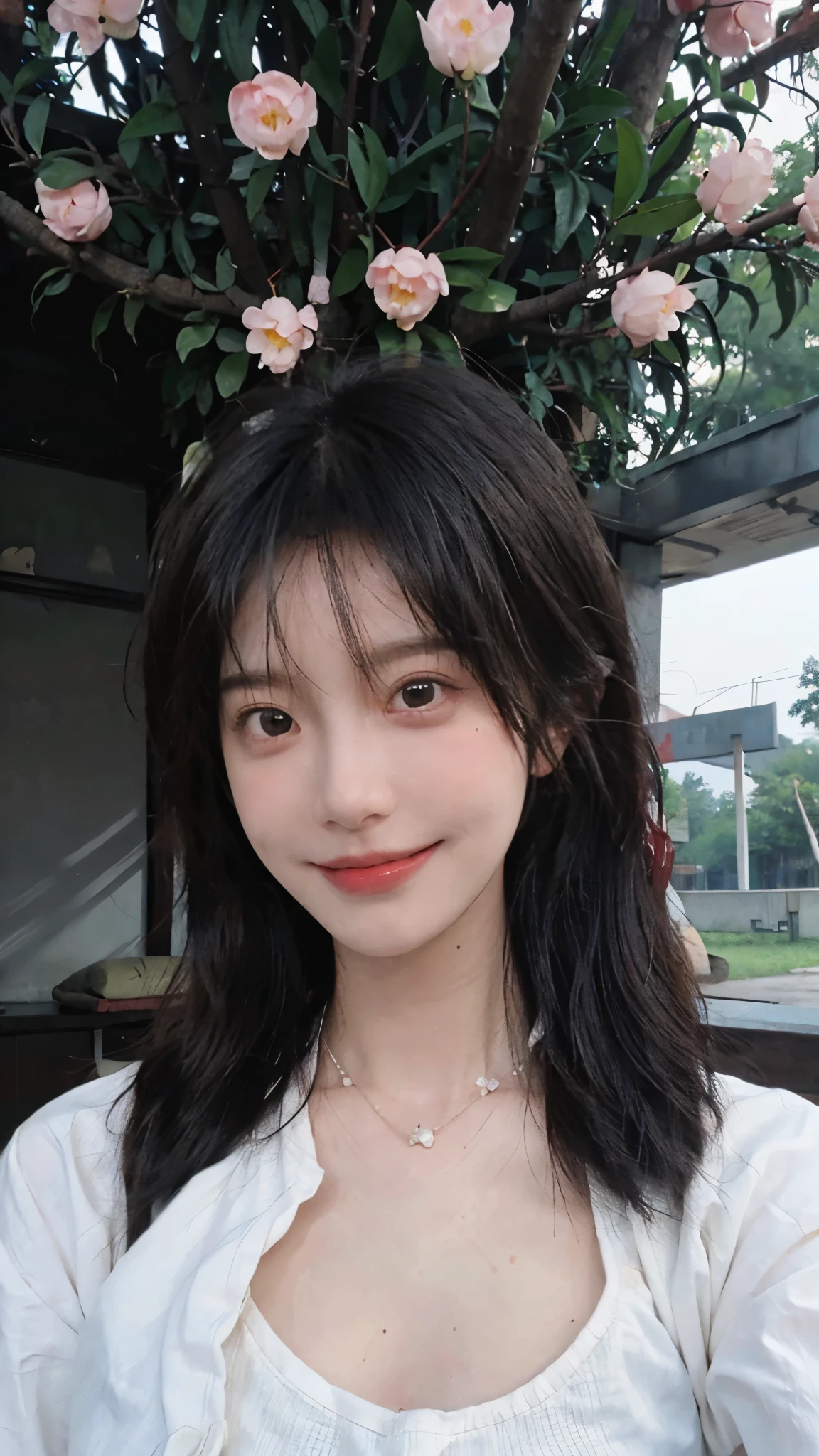 best qualtiy, Ultra-high resolution, (realisticlying:1.4),cute hairpin,Baoyu Girl,European style apartment,(flatchest:1.2) ,A pair of clear and moving peach blossom eyes,Royal Sister,sunshine on face,Big waves,(ln the forest:1.4),(choker necklace:1.2),(Fair skin:1.4),a sense of atmosphere,a beauty girl, ssmile,head straight-looking at viewer, closeup cleavage ,(Photorealistic:1.4),1girll,sexly,(Upper body:1.4),(Wet body),(:1.2)