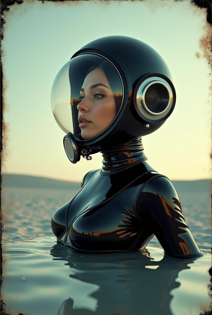 Daguerrotype photography taken in 1878 , of a woman wearing a black latex clothes and a black futuristic scuba diver gear suit, sunlight gracefully illuminates de subjet's face inside the glass helmet, moment of stillness, led lighting, weird, 1900s futuristic aesthetic, mirrored, white sand desert background, mirror, soft core, futuristic fashion, masterpiece, --style raw --ar 1:2