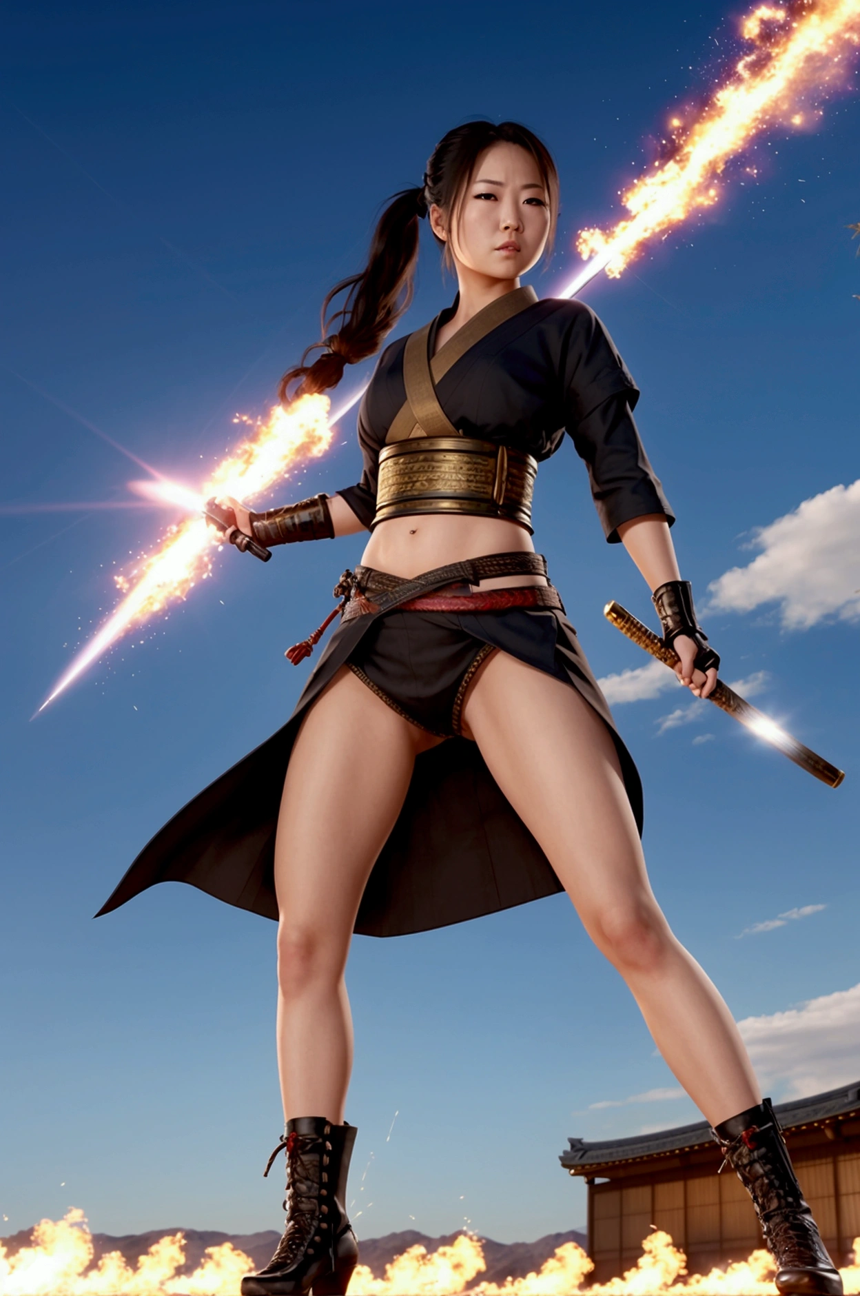 Ultra HD，1 Full body shot of a female warrior holding a Japanese samurai sword，wearing clothes, Sparks flew around