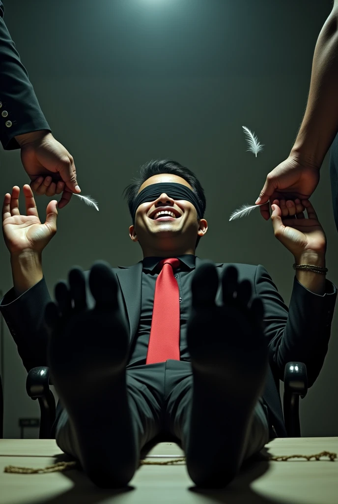 Malaysia malay handsome 21 years celebrity
His hand tied up in warehouse
Blindfolded
Black Suit and Red tie
feet on desk
feather
shoes on desk
5 toes each feet
Black sock
Smock effect smelly sock
2 man holding feather tickle his feet
He laugh very hard