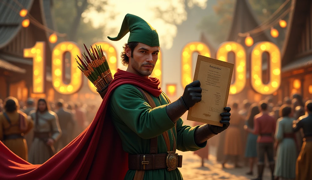 Robin hood on village holding big text 1.000.000 Blum congrats on the big letter in hand showing to the camera and behind people dancing and feast