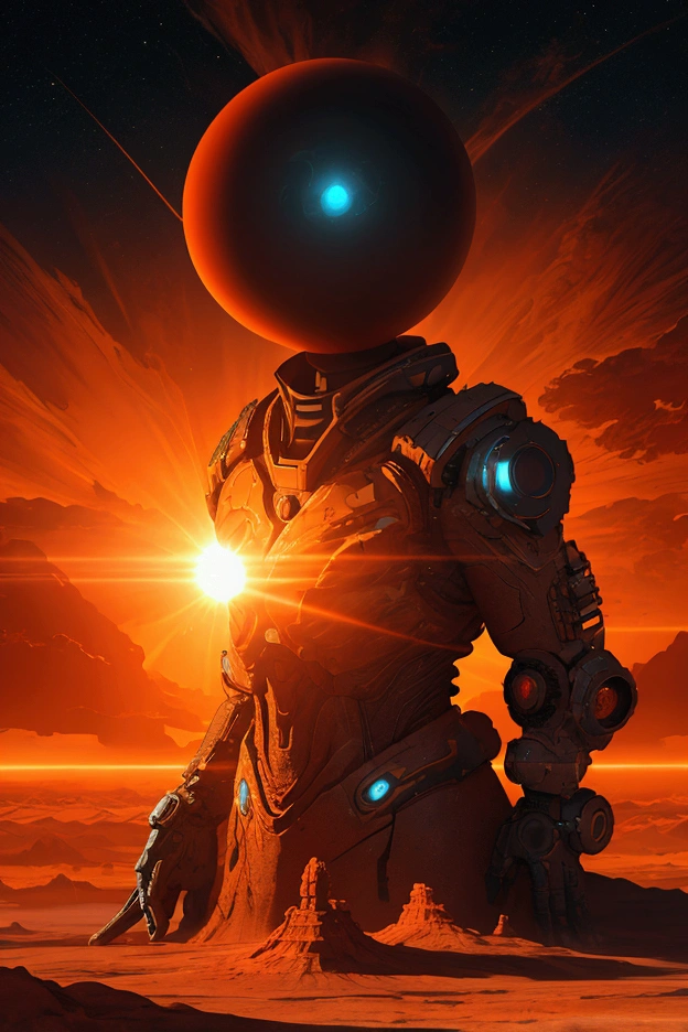a surreal scene on the sun, a giant fiery orb in the sky, scorching hot landscape, floating rock formations, mysterious glowing structures, alien technology, bright orange sky, dynamic lighting, vibrant colors, cinematic composition, highly detailed, photorealistic, 8k, hyperrealistic, dramatic shadows, volumetric lighting, intricate details, stunning visuals, mind-bending perspective, imaginative world, futuristic atmosphere, sense of wonder, digital art, concept art style