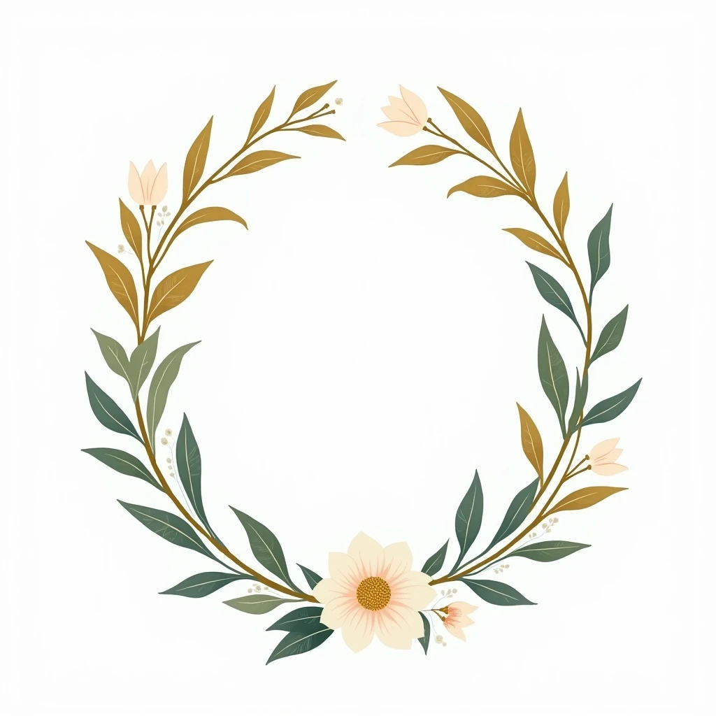 Generate wedding invitation with white background with beautiful vector golden and green florals. Do not include any other texts that is not in the prompt.