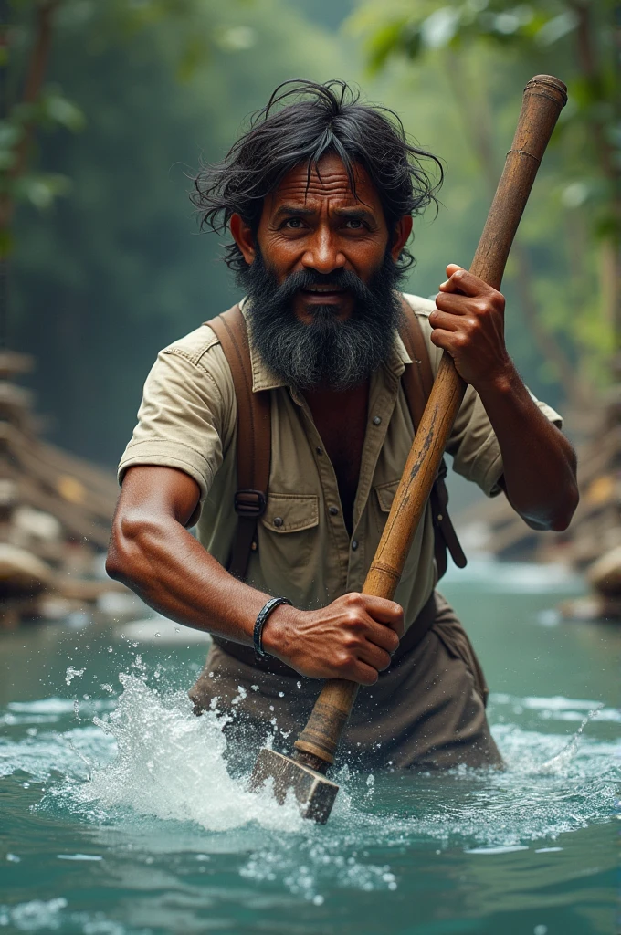 Image 2: Raju’s axe slips from his hand and falls into the river. The river is depicted with clear, flowing water, and Raju looks shocked and worried.