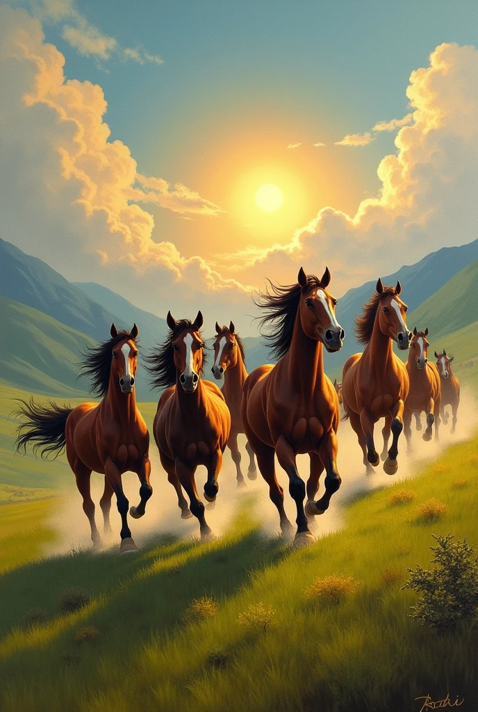 Create a 7 running horses painting and sun peeking out from the clouds