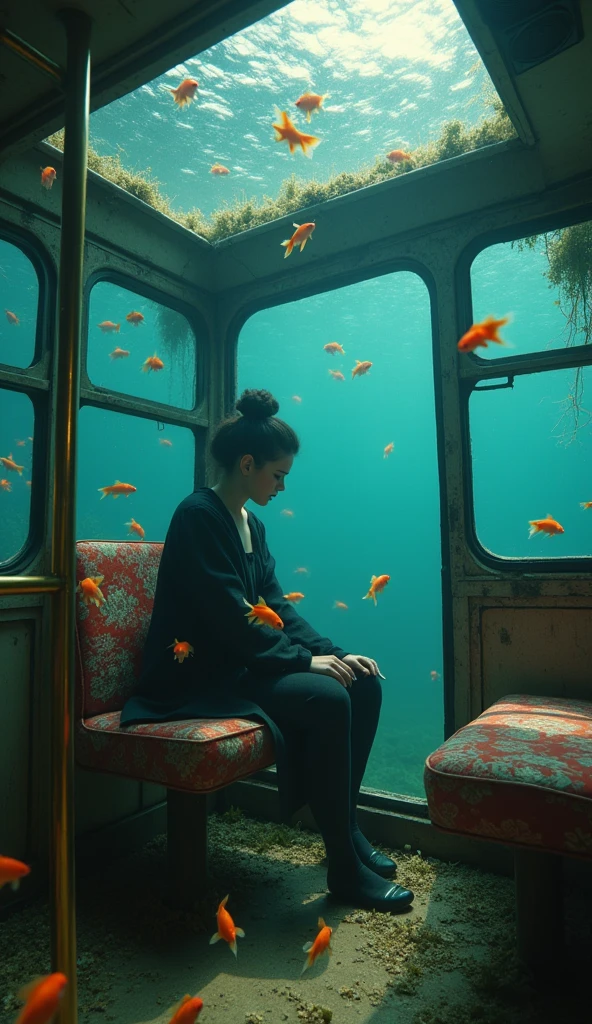A woman sits in an abandoned trollybus underwater, surrounded by goldfish