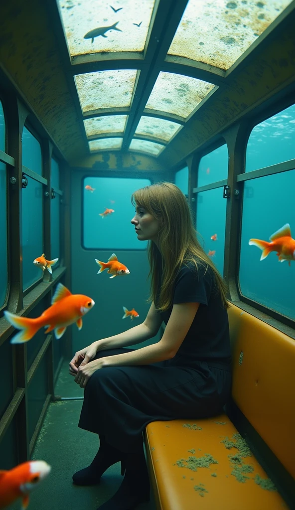 A woman sits in an abandoned trollybus underwater, surrounded by goldfish
