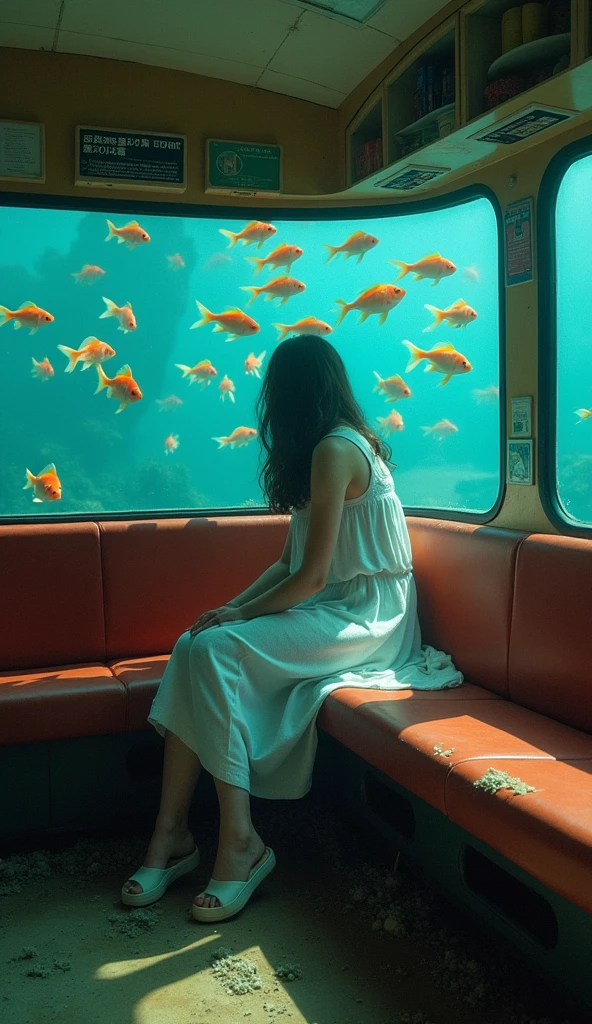 A woman sits in an abandoned trollybus underwater, surrounded by goldfish