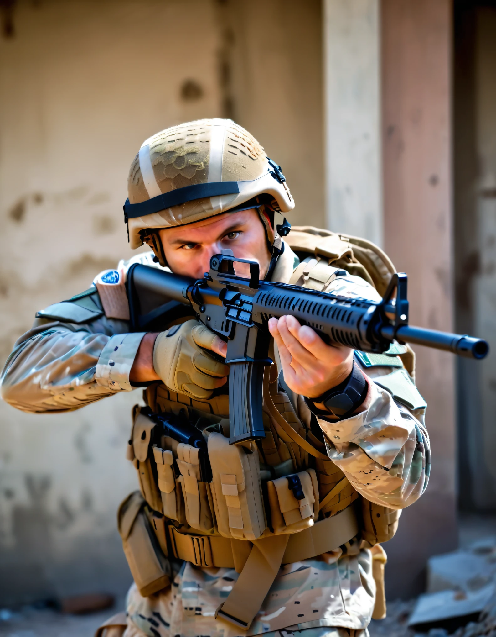 arafed soldier with a gun in his hand and a helmet on, a soldier aiming a gun, airsoft cqb, airsoft gun, shoulder mounted gun, man is carrying a rifle, wielding assault rifle, holding rifle, top shot, airsoft electric pistol, handling riffle on chest, military weaponry, battle action pose, holding a rifle, realistic soldiers, new york street backdrop, rifle with fixed buttstock