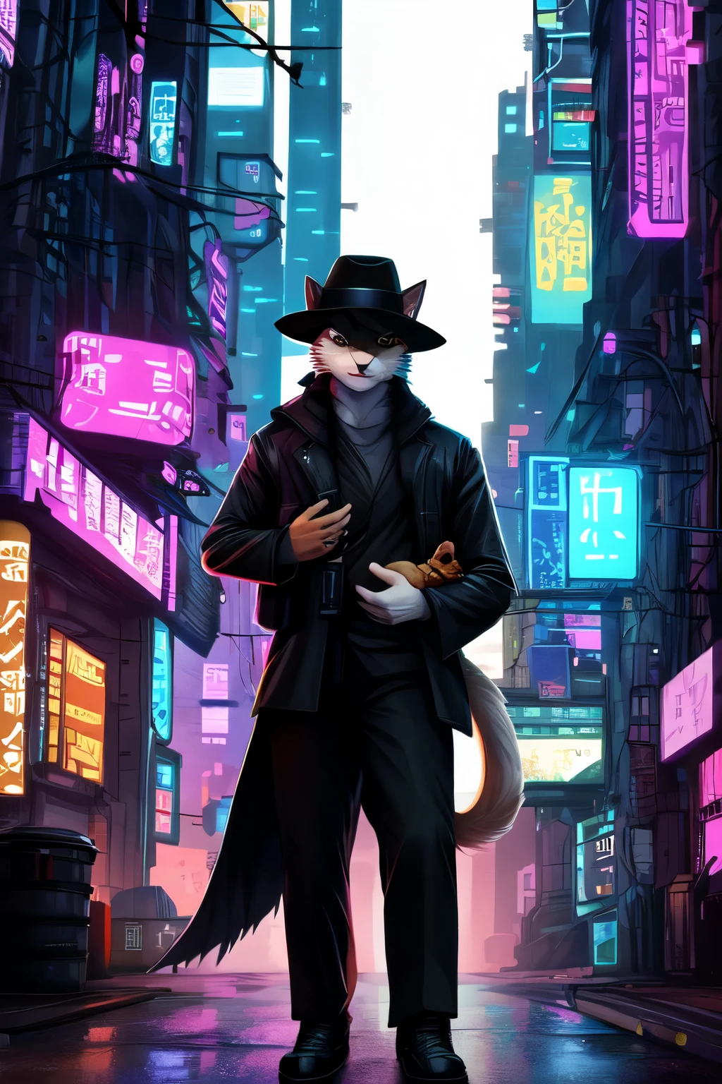 Cat Zilla, Hioshiru, pure, anthropology, man, alone, clothes, carry, 2022, black clothes, hat, Black topware, eyelid, black hat, cyberpunk city background