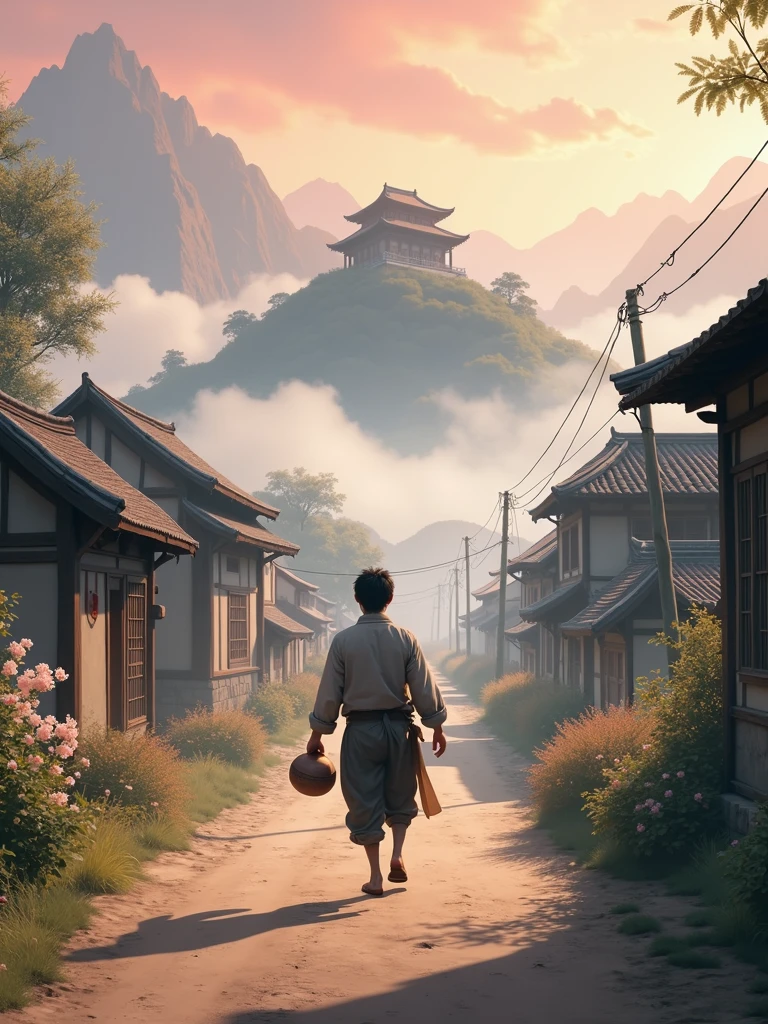 a small, serene village surrounded by majestic mountains and shrouded in morning mist. The wooden and bamboo houses with thatched roofs are simple but welcoming. The focus of the image is Li, a humble-looking young man dressed in worn but clean clothes. He walks along the dirt roads, passing villagers who smile warmly at him. Li carries an old, cracked clay pot, holding it carefully as if it were his most precious possession. The expression on Li’s face is one of determination and serenity, reflecting his resilient character. In the background, the master’s great temple, perched on a hilltop, stands imposingly, surrounded by flowering trees. The sky is tinged with soft shades of pink and orange, signaling the beginning of a new day full of promise. - - ar16:9