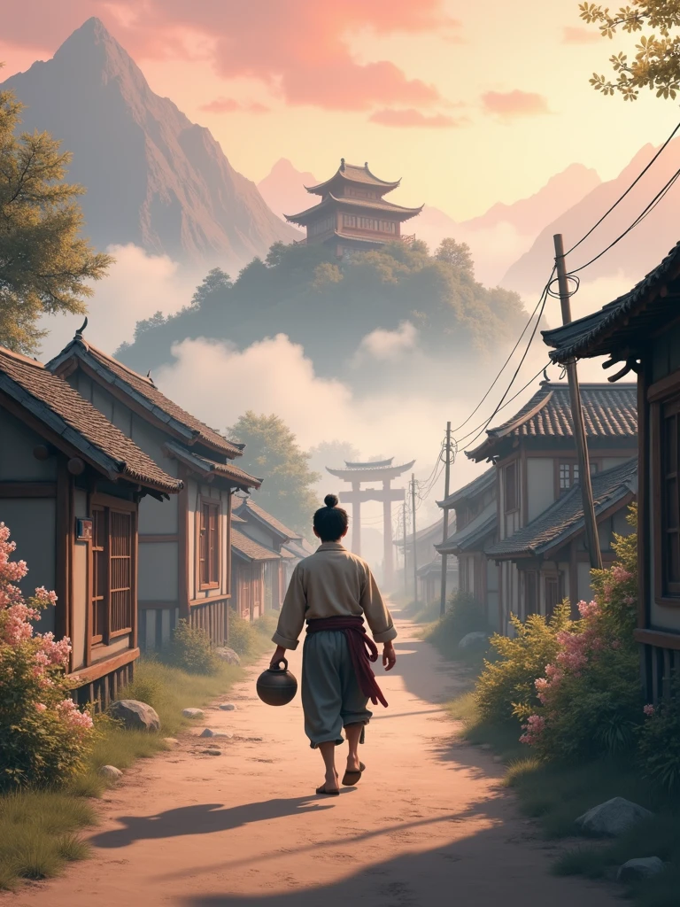 a small, serene village surrounded by majestic mountains and shrouded in morning mist. The wooden and bamboo houses with thatched roofs are simple but welcoming. The focus of the image is Li, a humble-looking young man dressed in worn but clean clothes. He walks along the dirt roads, passing villagers who smile warmly at him. Li carries an old, cracked clay pot, holding it carefully as if it were his most precious possession. The expression on Li’s face is one of determination and serenity, reflecting his resilient character. In the background, the master’s great temple, perched on a hilltop, stands imposingly, surrounded by flowering trees. The sky is tinged with soft shades of pink and orange, signaling the beginning of a new day full of promise. - - ar16:9