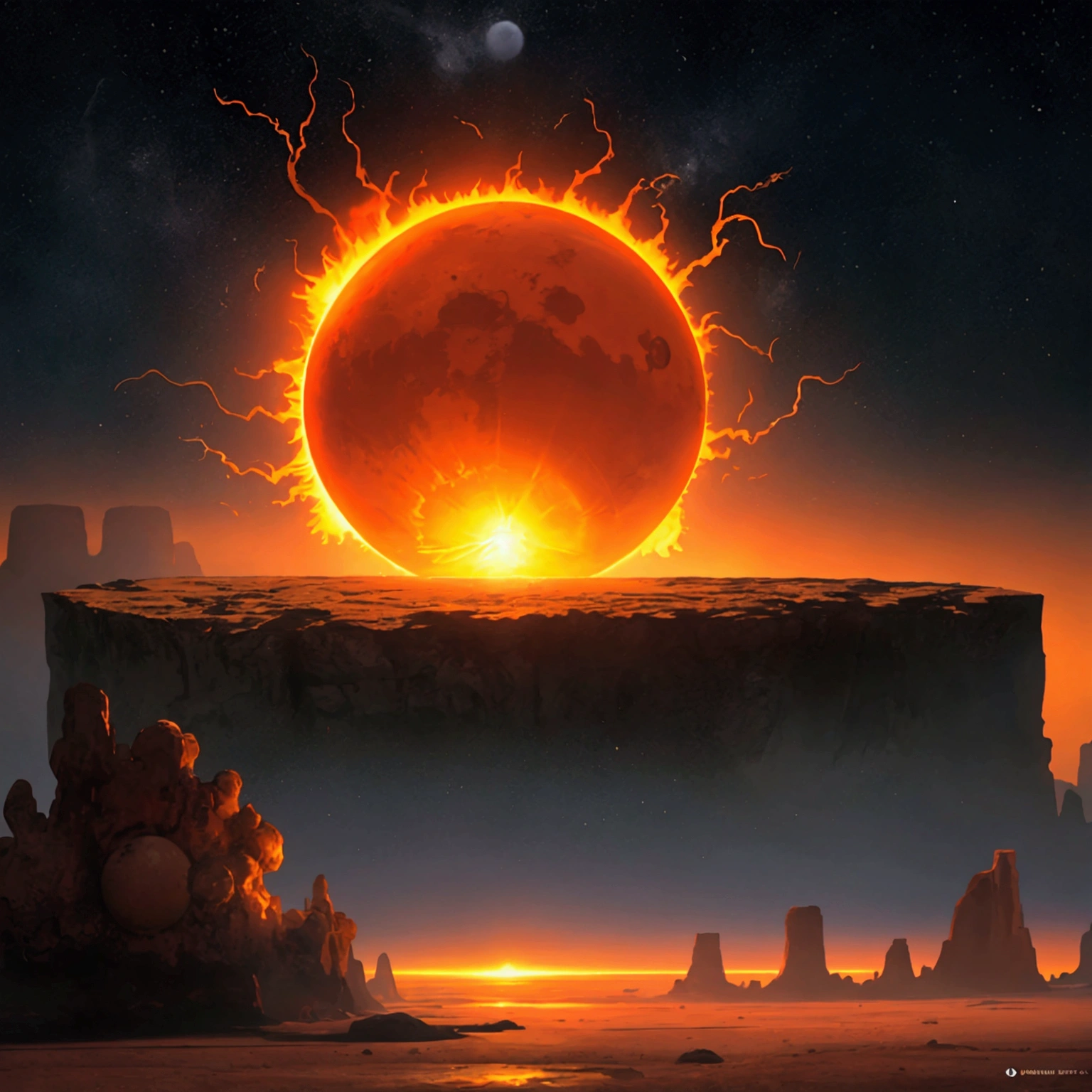 a surreal scene on the sun, a giant fiery orb in the sky, scorching hot landscape, floating rock formations, mysterious glowing structures, alien technology, bright orange sky, dynamic lighting, vibrant colors, cinematic composition, highly detailed, photorealistic, 8k, hyperrealistic, dramatic shadows, volumetric lighting, intricate details, stunning visuals, mind-bending perspective, imaginative world, futuristic atmosphere, sense of wonder, digital art, concept art style