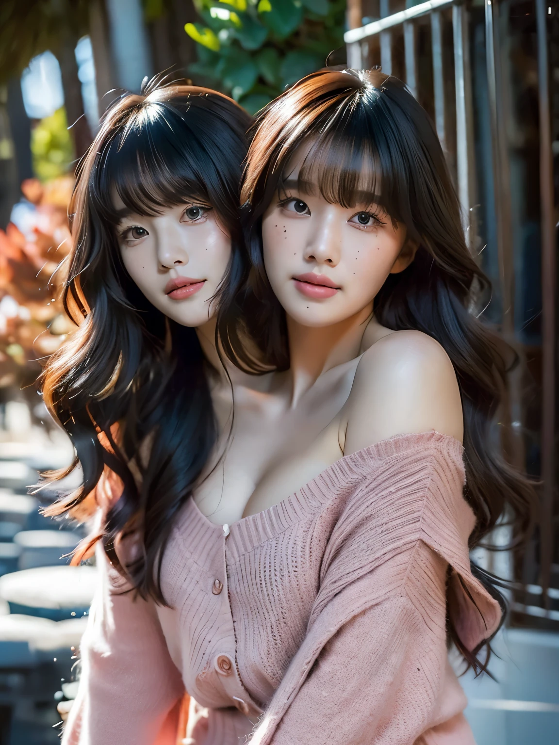 (Two Heads), korean woman with long black hair and pink sweater posing for a picture, lisa black link, , headshot profile picture, park in the fall backdrop, no makeup wavy hair, black hair with dyed pink hair, black hair with bangs, glowy, inspired by Ion Andreescu, center parted curtain bangs, curtain bangs, sexy face, cute freckles, small freckles, sexy face with full makeup, detailed flawless face, conjoined