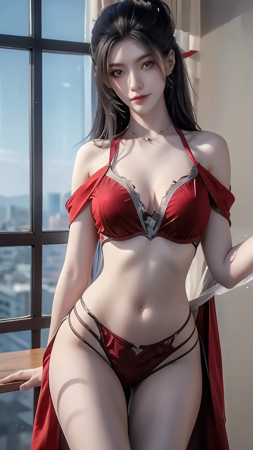 ((whole body)), 1 girl, Long hair, Red costume, Black Hair, long legs, Slender eyes, Fascinating eyes, Three long thin red hairpins, （（Human dynamic aerial posture））, drift, （（People in the air））, Elongated eyebrows, Tall and skinny, Clothes fluttering, （Very intricate details1.2）, Big round breasts, （Sexy pose）, Sheer white silk, Leakage out of the breast, Off-shoulder, raised eyebrows, Barefoot, bare legs, Delicate face, Fluffy hair, Transparent Clothes, gradient eyes, color contact lenses, light smile, Surrealism, ray tracing, reflection light, high detail, Romanticism, retina, masterpiece, anatomically correct, high details, highres, 8k, super detail
