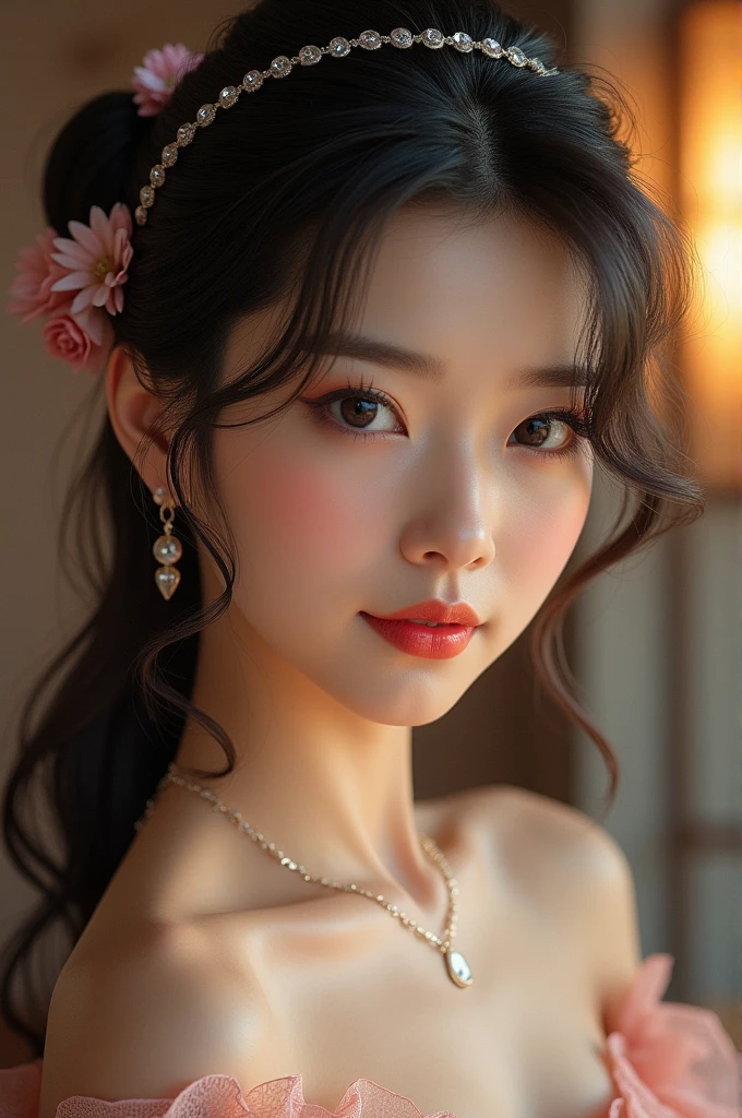 (8k, RAW Photos,of the highest quality, High resolution:1.1), (ultrarealistic:1.4),(realist:1.4), realist Face,realist Body,realist Skin,masterpiece,(Beautiful:1.8), Beautiful子たち, fine black eyes,innocent eyes,cinema lighting,film grain,jewelry,earrings,((medium hair:1.1)),cherry lips,hair band,Horse tail,viewer,by the wide,,open your lips,Upper teeth, (smiling eyes:0.6),((smile:1.3)),((big breasts:1.2)),blurred background, Eye focus , bokeh,young, 85mm lens,young,portrait,Photon mapping,city radio,Physically based representation,Asian,(full nude:1.3))