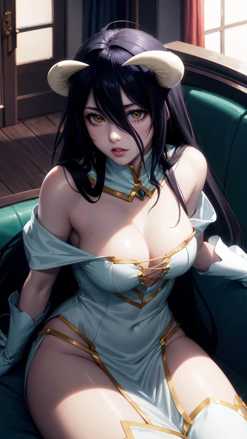 Anime pastel art .ALBEDO waifu aesthetic. Albedo is sitting on a gorgeous couch. Perfectly beautiful detailed face, sculpted and proportioned body in a beautiful pose, high detail. Portrait style concept art.Large black wings folded. dark tones. （archers）Soul card.cinematic lighting, Volumetric lighting