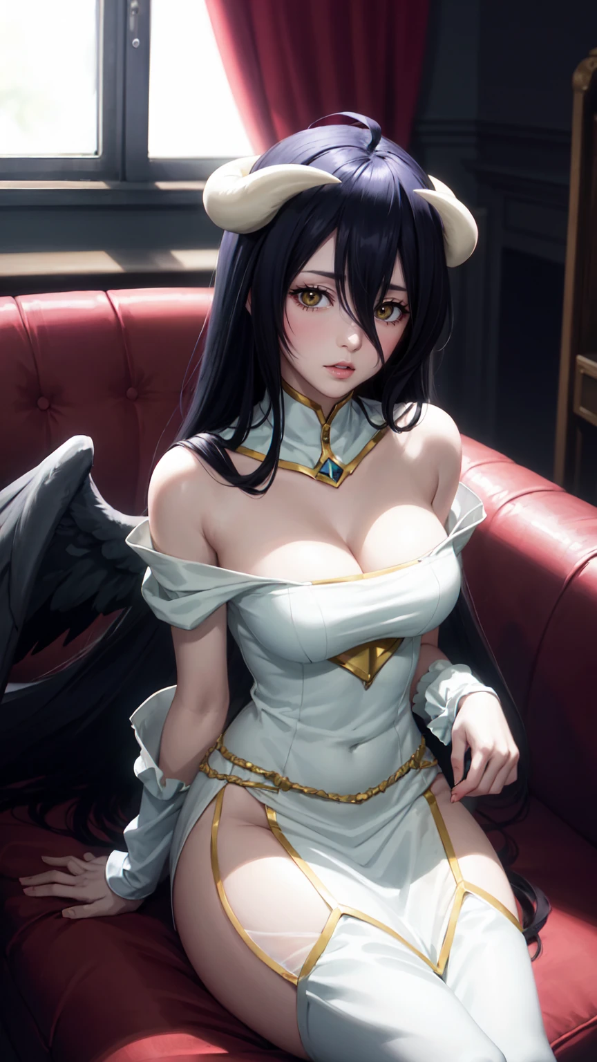 Anime pastel art .ALBEDO waifu aesthetic. Albedo is sitting on a gorgeous couch. Perfectly beautiful detailed face, sculpted and proportioned body in a beautiful pose, high detail. Portrait style concept art.Large black wings folded. dark tones. （archers）Soul card.cinematic lighting, Volumetric lighting