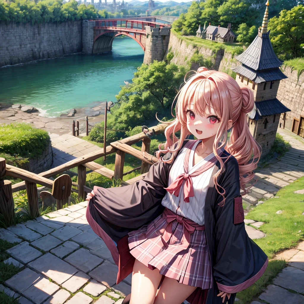 Pink Blonde、Red eyes、Wavy Hair、Hair tied up、Two cute、Checked mini skirt、black t-shirts、cardigan、kimono、Knee-high socks、Teeth are visible、Monster Castle、Tilting face、grass、Stones are growing out of the ground.、In front of the city gates、Underground tunnels、Wooden bridge、The stone is cracked、Ashura Statue、Giant wood