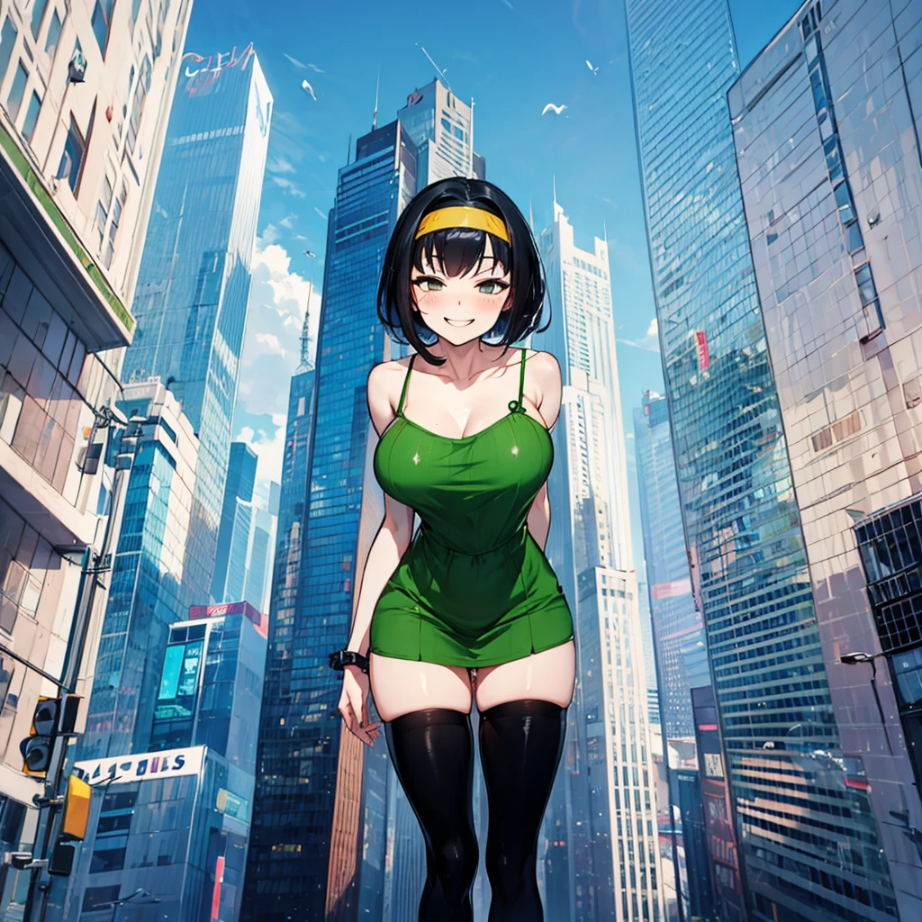 (solo), (1 skinny girl standing), arms behind back, swaying back, (tight-fit black thighhighs), collarbone, BREAK, (yellow hairband), green sheer dress with shoulder straps, (shoulderless white shirts under dress), glass-walled skyscrapers in distance, BREAK, (long skinny legs), huge breasts, BREAK, (forced smile:1.3), (dripping tires:1.3), (disappeared), open mouth, orgasm, nsfw, pussy juice dripping down between thighs