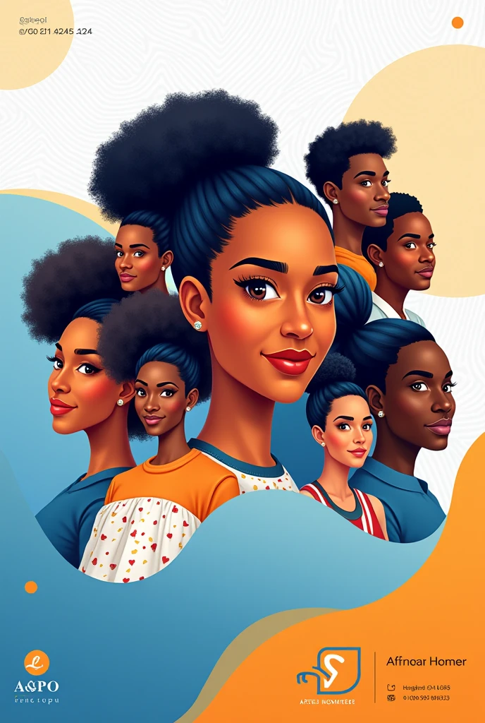 Une affiche publicitaire pour une entreprise immobilier avec des personnes africains.utilise la couleur blanc ,bleu et orange