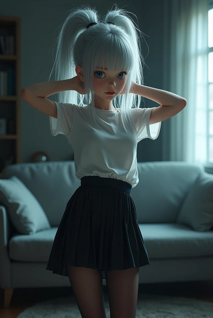 (((1 girl)),ray tracing,(dim lighting),[detailed background (living room)),((silver hair)),(silver hair)),((Fluffy silver hair, plump and slender girl)) with high ponytail))) Avoid golden eyes in the ominous living room ((((Girl wears white opaque shirt, black wrinkled skirt with black transparent stockings), showing a delicate and slender figure and graceful curves, correct limbs, hands behind the head, hands behind the head, hands behind the head , eye details, beautiful eyes, delicate eyes, blue eyes