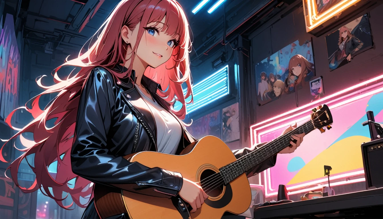 (Highest quality:1.2, Very detailed, up to date, Vibrant, Ultra-high resolution, High Contrast, masterpiece:1.2, Highest quality, Best aesthetics), Portraiture、girl、singer、performance、Rock Music、Bright colors、Beautiful attention to detail、Beautiful lip detail、Long Hair、Mike stand、music、Cheerful pose、leather jacket、Dynamic Movement、hypnotic sounds、amplifier、大音量のmusic、(((Acoustic guitar、A quiet room、night、Neon Light)))