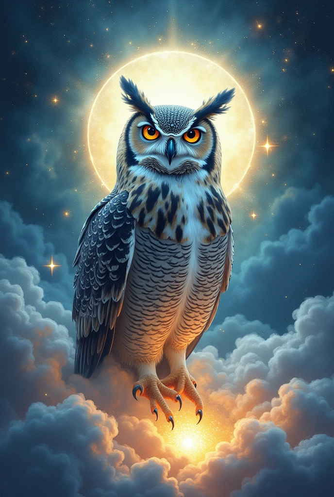 In the midst of a luminous mist, the Spectral Owl rises, its shimmering feathers reflecting the colors of the cosmos. With its piercing amber eyes that hold ancient wisdom and secrets, the owl appears like a guardian watching over the passage between our world and the realm of spirits. The swirling clouds of stardust, shining stars and ethereal lights envelop the majestic bird, suggesting that it carries the power and knowledge of the universe in its wings. The gateway to the other side lies behind the owl, a portal of light and energy that invites the brave to venture beyond the known, watercolor art