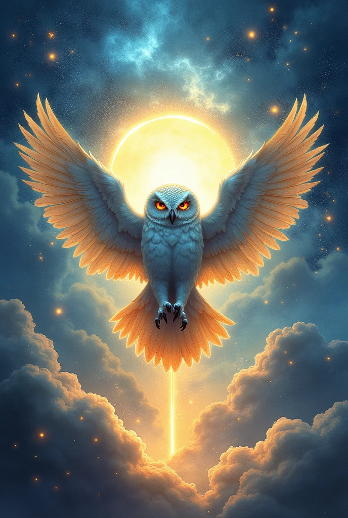 In the midst of a luminous mist, the Spectral Owl rises, its shimmering feathers reflecting the colors of the cosmos. With its piercing amber eyes that hold ancient wisdom and secrets, the owl appears like a guardian watching over the passage between our world and the realm of spirits. The swirling clouds of stardust, shining stars and ethereal lights envelop the majestic bird, suggesting that it carries the power and knowledge of the universe in its wings. The gateway to the other side lies behind the owl, a portal of light and energy that invites the brave to venture beyond the known, watercolor art