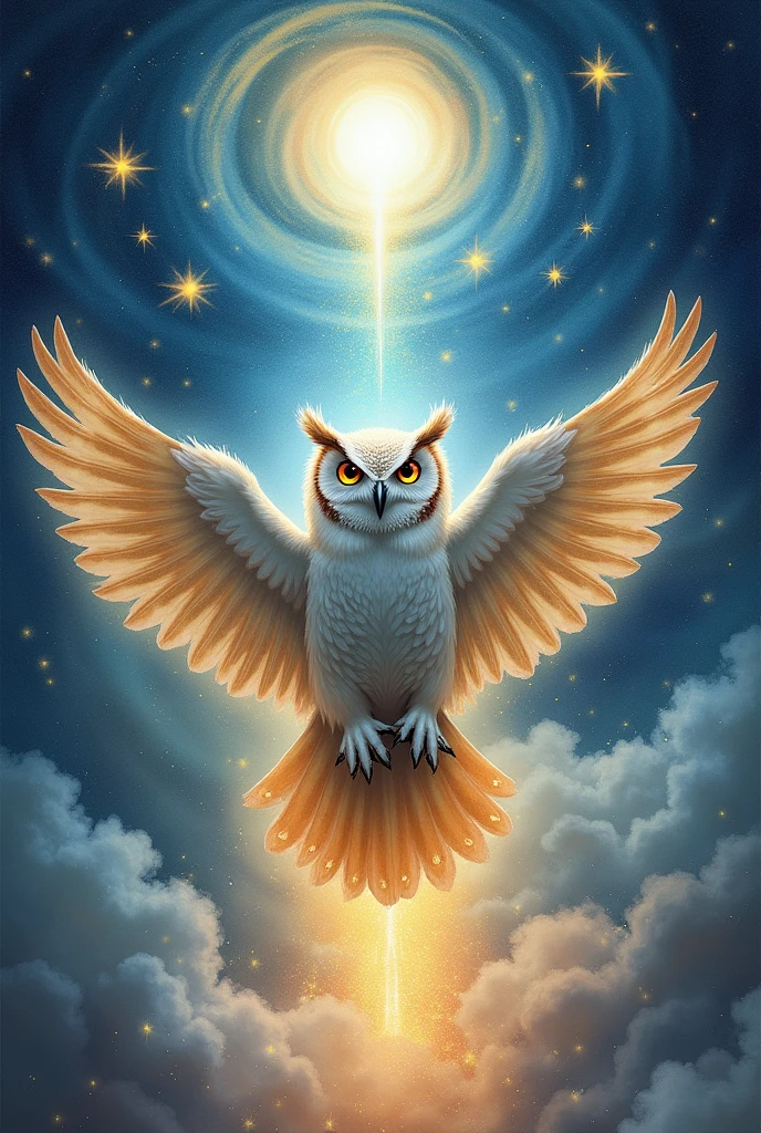 In the midst of a luminous mist, the Spectral Owl rises, its shimmering feathers reflecting the colors of the cosmos. With its piercing amber eyes that hold ancient wisdom and secrets, the owl appears like a guardian watching over the passage between our world and the realm of spirits. The swirling clouds of stardust, shining stars and ethereal lights envelop the majestic bird, suggesting that it carries the power and knowledge of the universe in its wings. The gateway to the other side lies behind the owl, a portal of light and energy that invites the brave to venture beyond the known, watercolor art