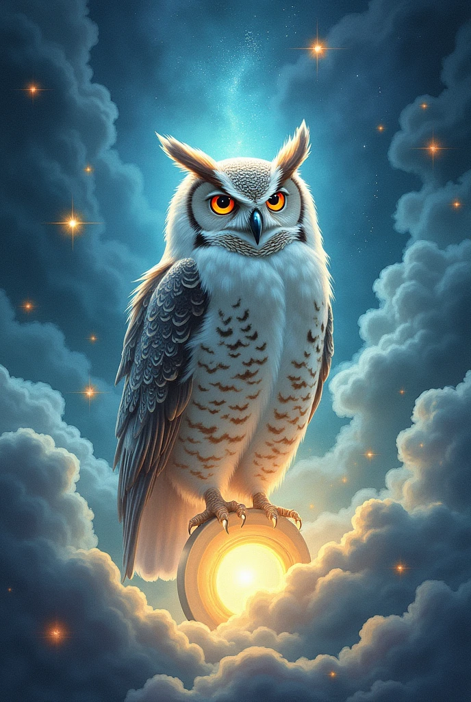 In the midst of a luminous mist, the Spectral Owl rises, its shimmering feathers reflecting the colors of the cosmos. With its piercing amber eyes that hold ancient wisdom and secrets, the owl appears like a guardian watching over the passage between our world and the realm of spirits. The swirling clouds of stardust, shining stars and ethereal lights envelop the majestic bird, suggesting that it carries the power and knowledge of the universe in its wings. The gateway to the other side lies behind the owl, a portal of light and energy that invites the brave to venture beyond the known, watercolor art