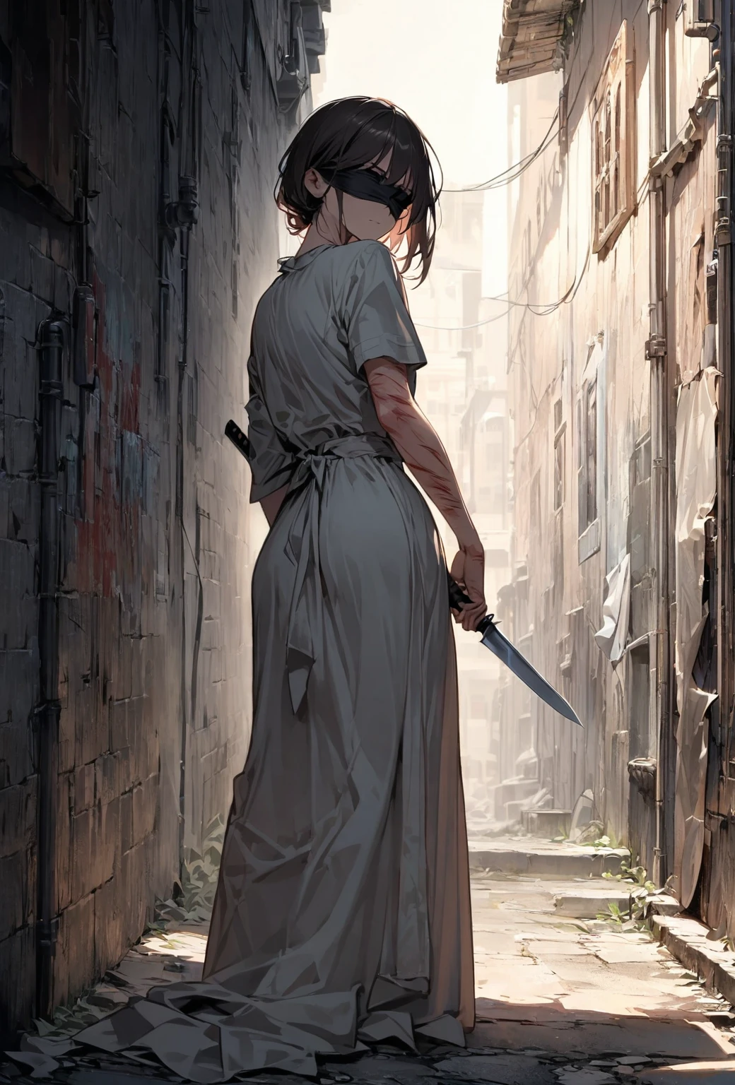 Alley, There is a girl, The eyes were blindfolded by cloth., Back against the wall,Arm injury. Her face was filled with sadness and despair... , Linen clothes, Perspective material, Knife in hand, Strike a pose, ,