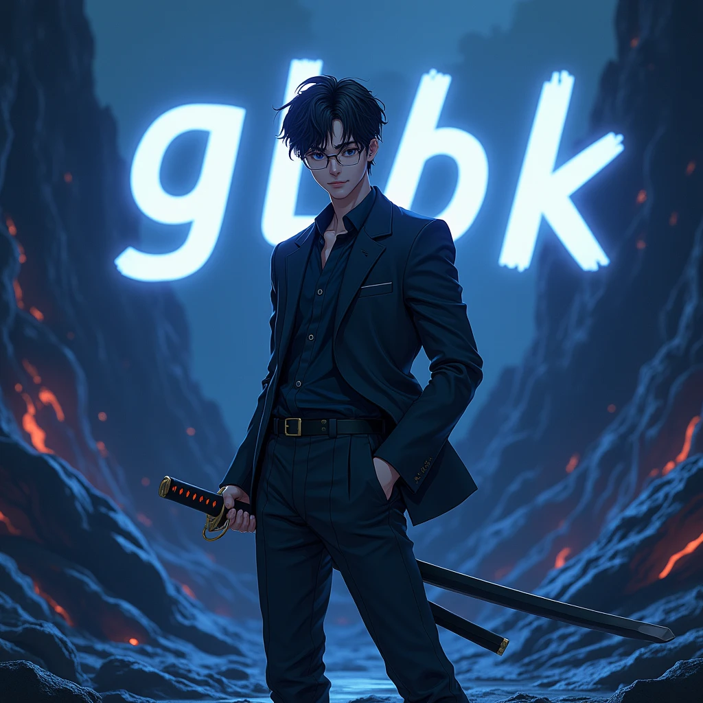 Create a character anime, {{background: text: “GLBK”, darkness blue vulcano}},
realistic, HDR, use glasses, handsome, korean style, full body, use katana, age 20, outfit name: “PRAS”