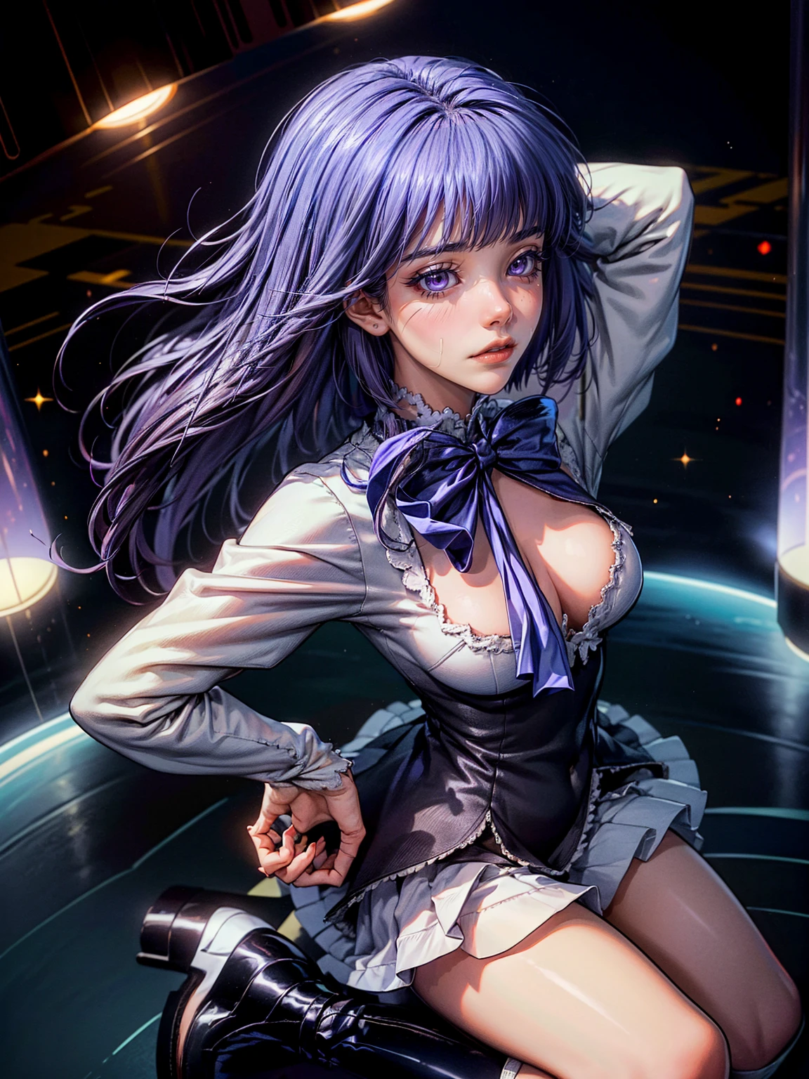 (1 lady), (Best quality at best:1.4), (ultra - detailed), (extremely detailed CG unified 16k), A Beautiful Woman with Perfect Figure: 1.4, Sharp Focus: 1.2, purple hair, very detailed, High-definition RAW color photo, professional photoshooting, amazing face and eyes, cosmetics, (amazingly beautiful girl), ((frederica bernkastel)), Bethcast, ((exact clothes: dress, bowtie, mary janes, socks, cat tail, tail bow, tail ornament)), levitating in a cute posture, (floating in space), (She's levitating in a cosmic sea, outer space:1.3, quantum hyperspace room lacking walls, hyperspace chamber, extremely detailed background, a lot of details background, realistic background), (look from above), realistic cinematic face, head to feet long wide zoomed out view, full body long view, photorealistic, ((realistic natural purple hair style, purple eyes)), gorgeous, extremely beautiful face, perfect model beauty, pout mouth, Highly Detailed Face and Skin Texture, Detailed Eyes, Double Eyelids, Big Breasts, Expressionless, (masterpiece), best quality, high resolution, extremely detailed, cinematic lighting, amazing legs, high heels, clear and well-cared skin, pale skin, frederica bernkastel exact dress: 1, black and white dress: 1